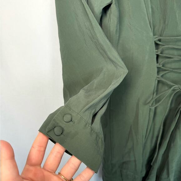 Zara V Neck Lace Up Corset Long Sleeves Flowy Mini Dress Khaki Green Size Large - Picture 6 of 14
